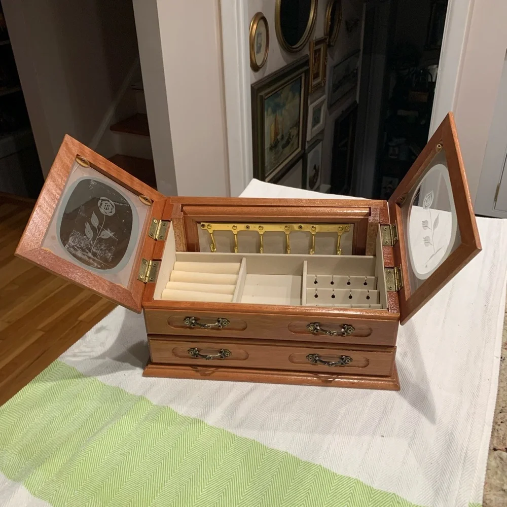 Vintage Jewelry Box, Etched Roses Glass doors Wooden Jewelry Box